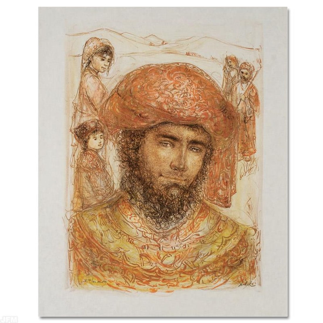 Joshua at the Jordan Limited Edition Lithograph by Edna Hibel (1917-2014), Numbered and Hand Signed: Joshua at the Jordan is a limited edition lithograph on paper, numbered and hand signed by Edna Hibel (1917-2014). Includes Certificate of Authenticity! Measures approx. 22" x 30" (with border), 17" x