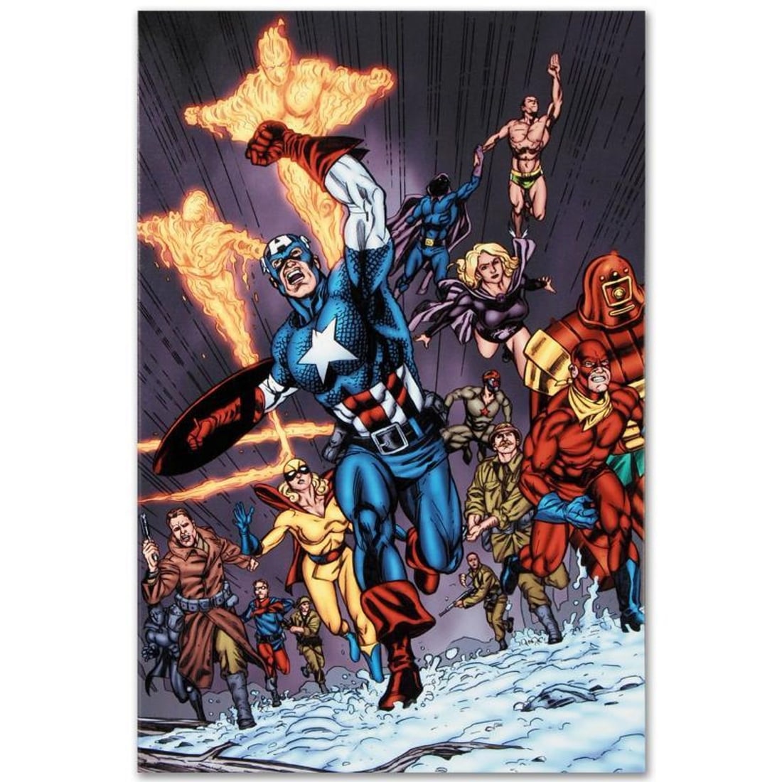 Marvel Comics "Avengers/Invader #11" Numbered Limited Edition Giclee on Canvas by Steve Sadowski: A piece of comic book history, this limited edition, from original art by Steve Sadowski, depicts the classic characters Captain America and The Human Torch, among others. Obsessed with comic from an 