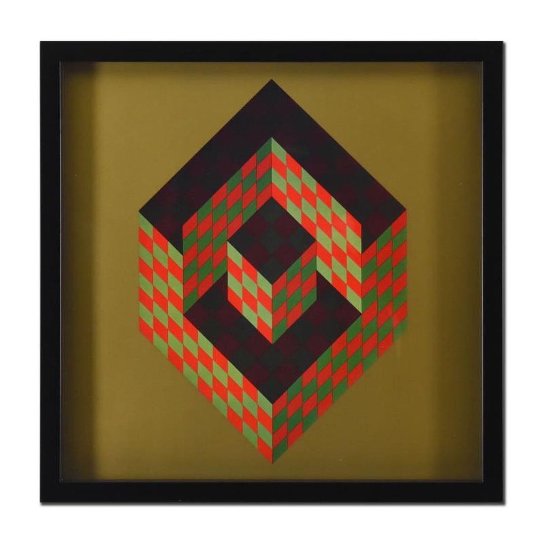 Victor Vasarely (1908-1997), "Bidim 1968" Framed Heliogravure Print with Letter of Authenticity: Bidim 1968 is a heliogravure print on paper by Victor Vasarely (1908-1997). This piece comes custom framed. Includes Letter of Authenticity. Measures approx. 17" x 17" (frame), 14" x 14" (image). Refe
