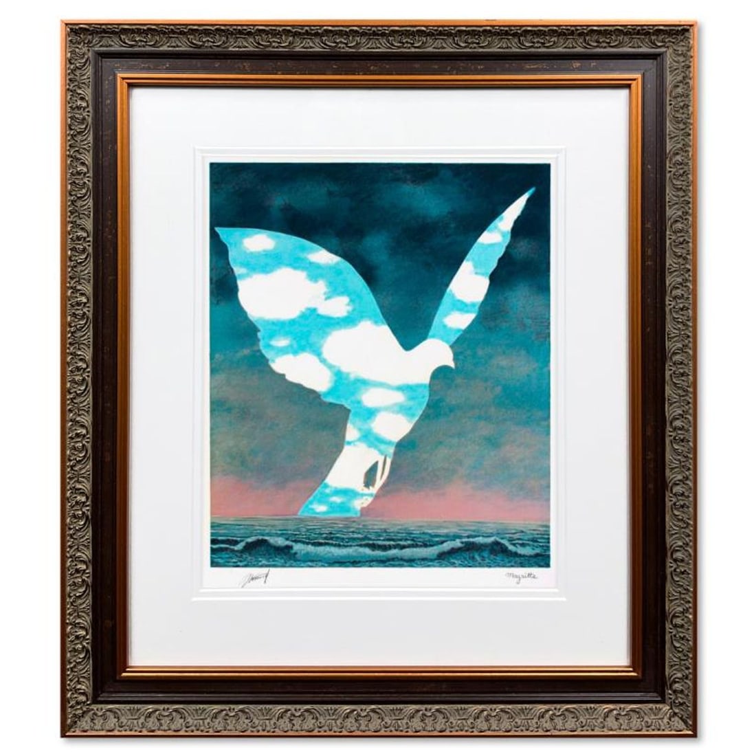 Rene Magritte (1898-1967), "La Grande Famille" Framed Limited Edition Lithograph with Letter of: La Grande Famille is a framed limited edition lithograph on paper by Rene Magritte (1898-1967). Printed by Atelier Mourlot in Paris and authorized by the Magritte Foundation and ADAGP Paris , the piec