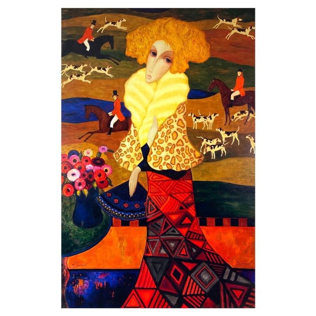 Sergey Smirnov (1953-2006), "Tapestry Of The Hunt" Limited Edition Mixed Media on Canvas (32.5" x: Tapestry Of The Hunt is a limited edition mixed media on canvas, printed in 2007. This piece is numbered in verso, plate signed and published after his death, bearing the hand signature of the artist'