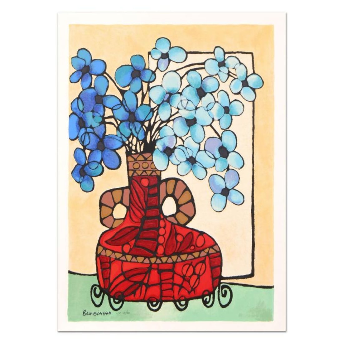 Avi Ben-Simhon, "Blue Flowers" Limited Edition Serigraph, Numbered and Hand Signed with Certificate (1 of 2)