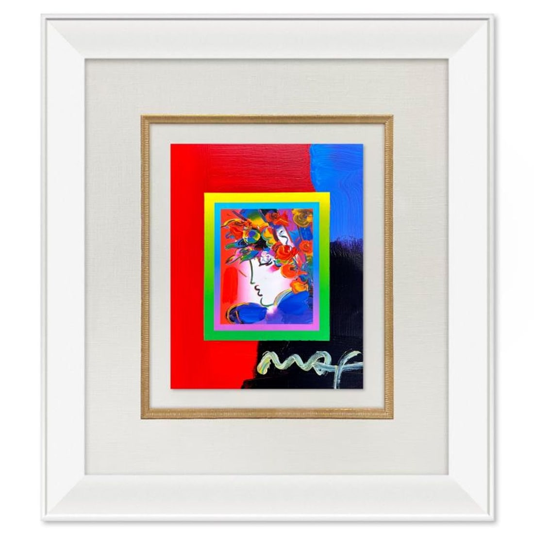 Peter Max, "Blushing Beauty" Framed One-of-a-Kind Acrylic Mixed Media, Hand Signed with Registration: Blushing Beauty is a hand signed one-of-a-kind acrylic mixed media on paper by Peter Max. The piece comes custom framed with a backside cutout to display Peter Max Studio registration number 280993 ce