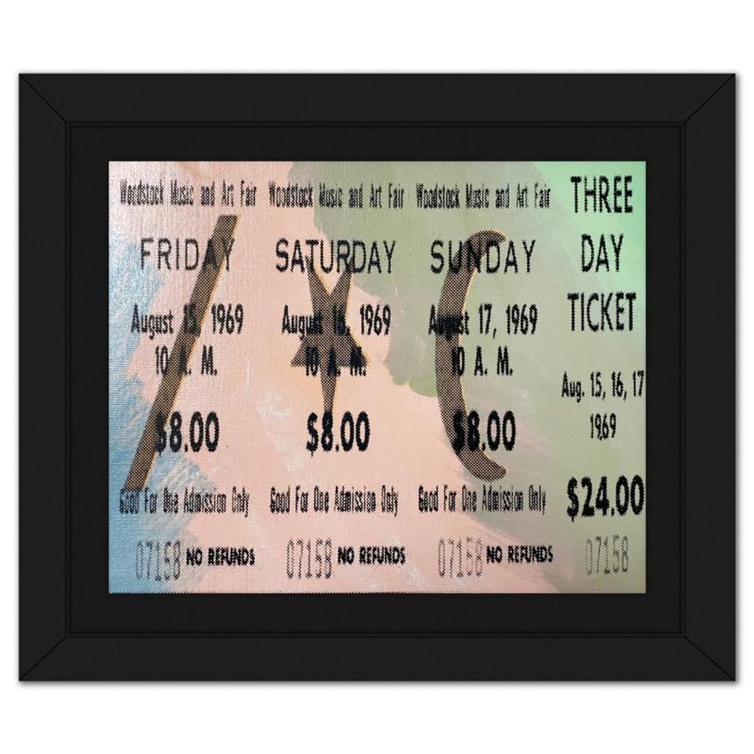 Steve Kaufman (1960-2010), "Woodstock Ticket" Framed Hand Embellished Limited Edition Silscreen,: Woodstock Ticket is a hand embellished limited edition silkscreen on canvas by Andy Warhol protege, Steve Kaufman (1960-2010), numbered 13/50 inverso and hand signed by the artist. This piece comes cu