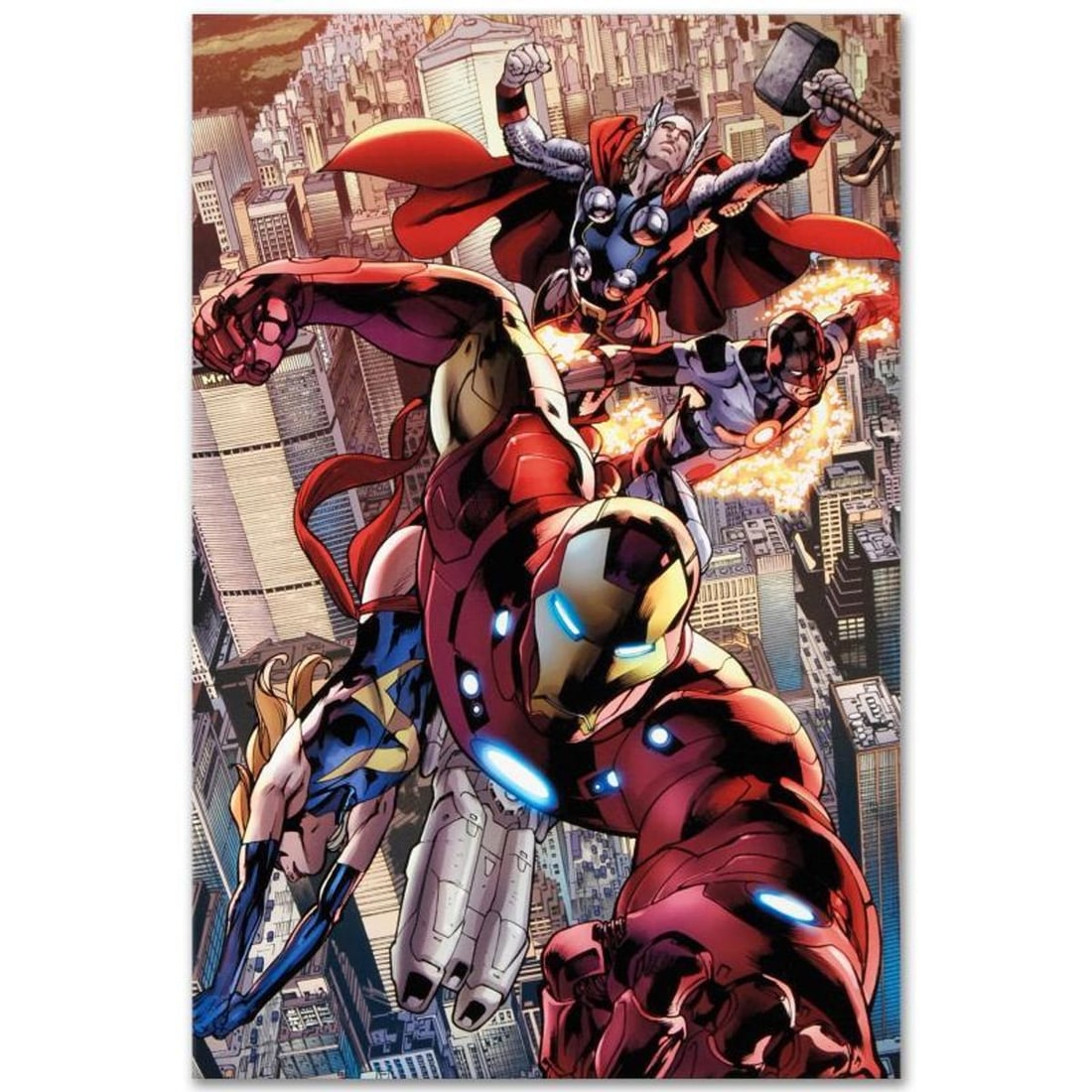 Marvel Comics "Avengers #12.1" Extremely Numbered Limited Edition Giclee on Canvas by Bryan Hitch: A piece of comic book history, this limited edition, from original art by Bryan Hitch, depicts an adventure packed scene starring Iron Man, Ms. Marvel, Protector and Thor. British artist Bryan Hitch w