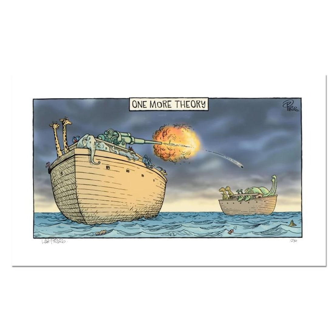 Bizarro, "One More Theory" Numbered Limited Edition Hand Signed by creator Dan Piraro; Letter of: One More Theory is a limited edition giclee on paper by Dan Piraro, creator of the critically acclaimed and award winning comic strip, Bizarro! This piece is numbered and hand signed by the artist and