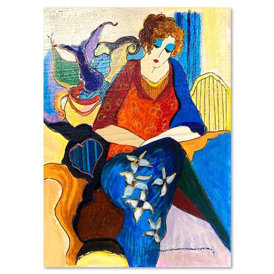 Itzchak Tarkay (1935-2012), "Waiting" One-of-a-Kind Mixed Media Over Paint on Wood, Hand Signed with (1 of 2)