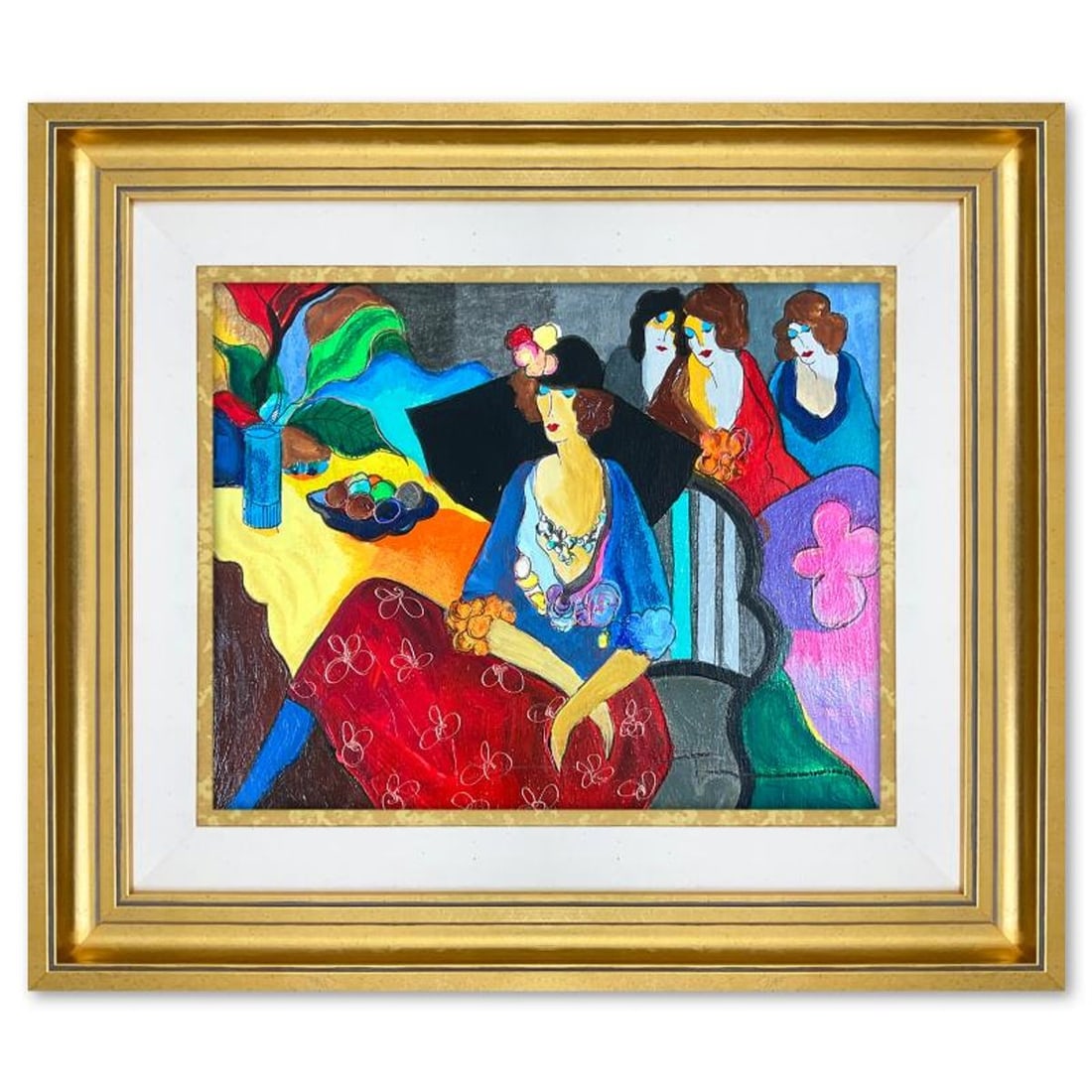 Itzchak Tarkay (1935-2012), "Gossip" Framed One-of-a-Kind Mixed Media Over Paint on Wood, Hand: Gossip is a one-of-a-kind mixed media over paint on wood by Itzchak Tarkay (1935-2012), hand signed by the artist. This piece comes custom framed. Includes Letter of Authenticity. Measures approx. 17"