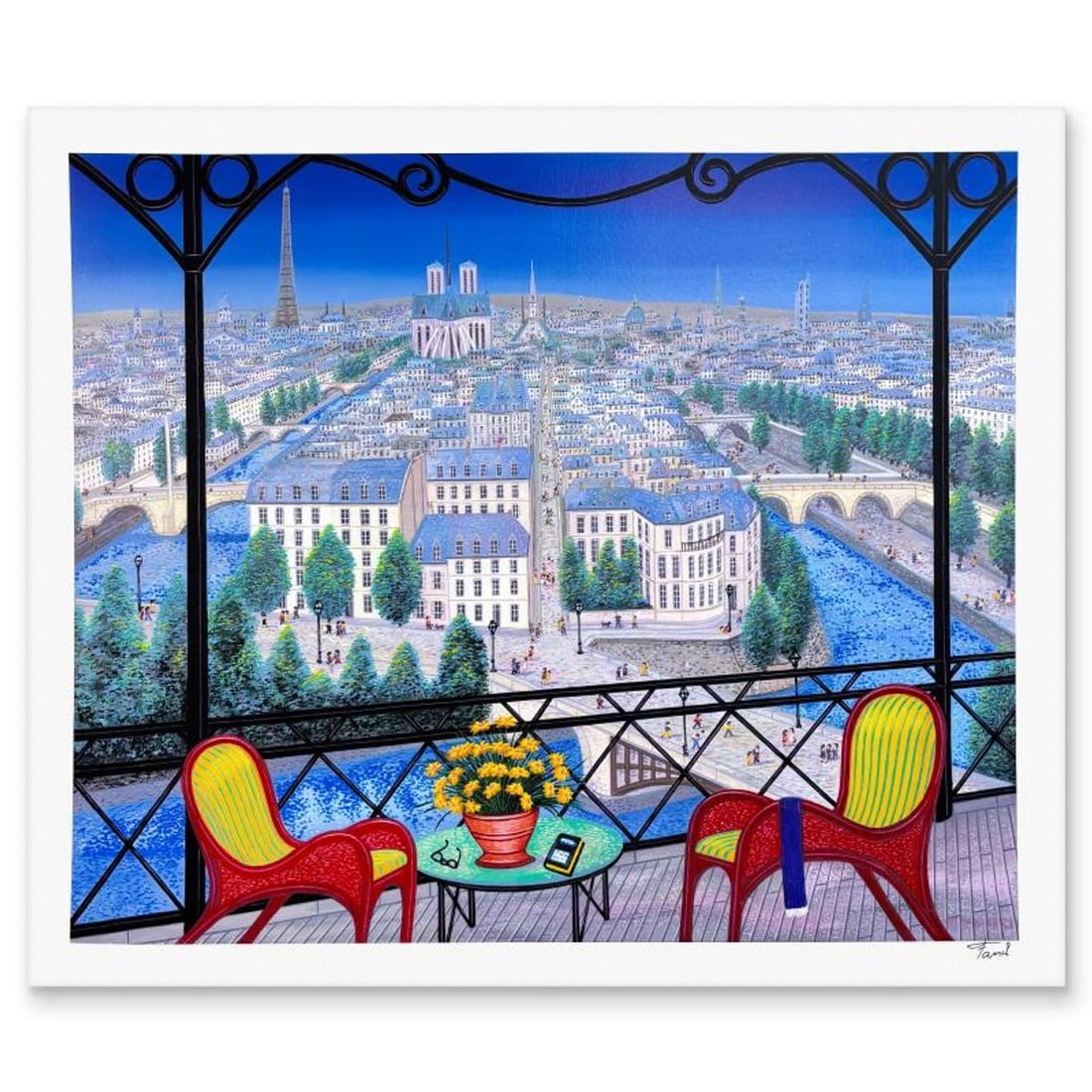 Fanch Ledan, "Over Ile St.Louis" Limited Edition Serigraph, AP Numbered and Hand Signed with Letter: Over Ile St.Louis is a limited edition serigraph on paper by Fanch Ledan, AP numbered and hand signed by the artist. Includes Letter of Authenticity. Measures approx. 19.5" x 23.5" (border), 17.5" x 2