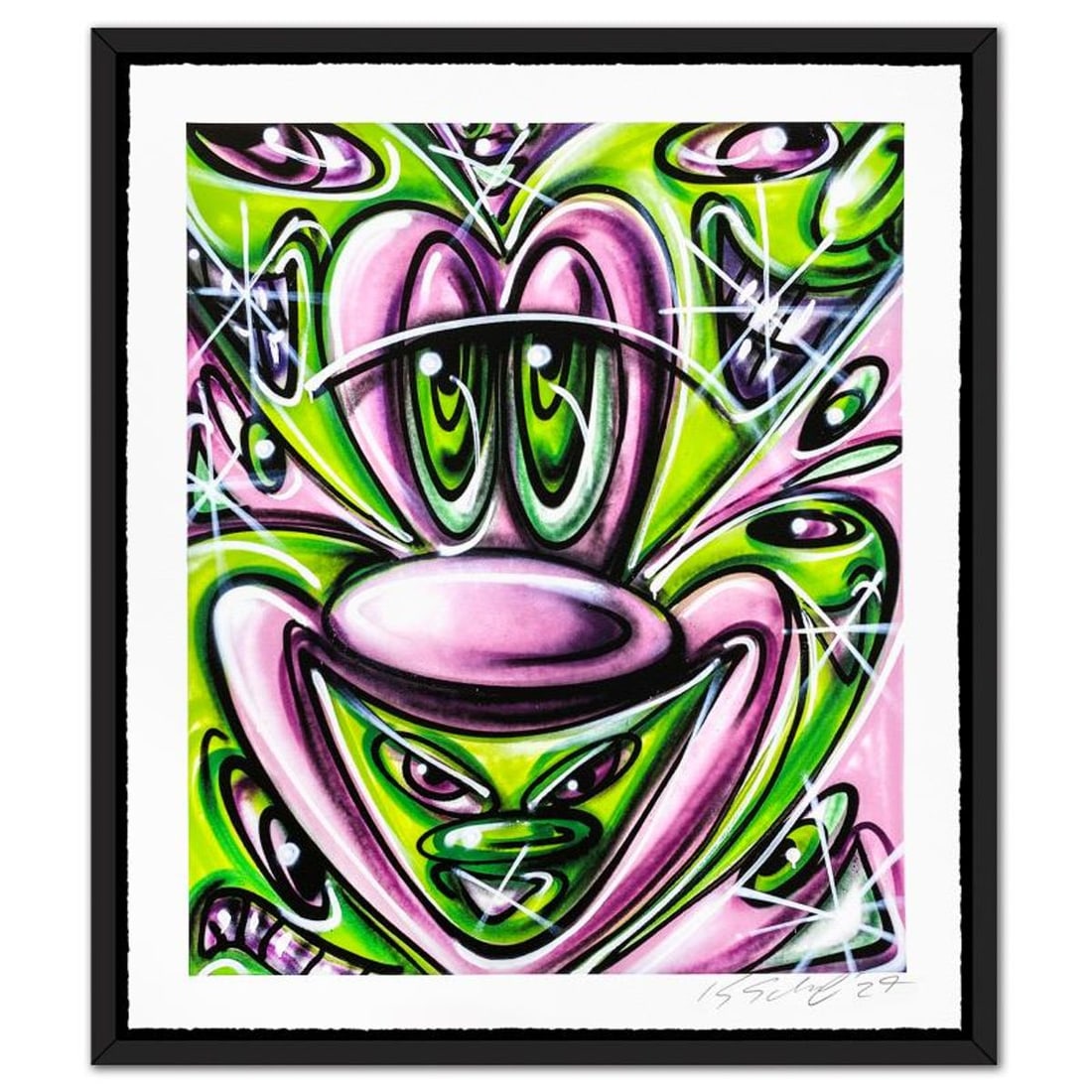 Kenny Scharf, "Pink 'N Green" Framed Limited Edition Silkscreen, Numbered and Hand Signed with: Pink 'N Green is a limited edition silkscreen on deckled edge paper by Kenny Scharf, numbered 92/100 and hand signed by the artist. This piece comes custom framed. Includes Letter of Authenticity. Mea
