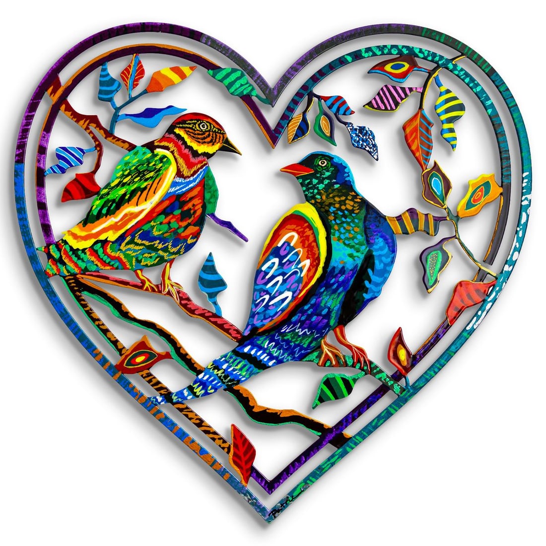 Patricia Govezensky- Original Painting on Laser Cut Steel "Love Birds": Artist: Patricia Govezensky. Medium: Original Painting on Laser Cut Steel. Title: Love Birds. Size: 16" x 16". Signature: Hand Signed by the artist. Certificate of Authenticity: Is included. Reference