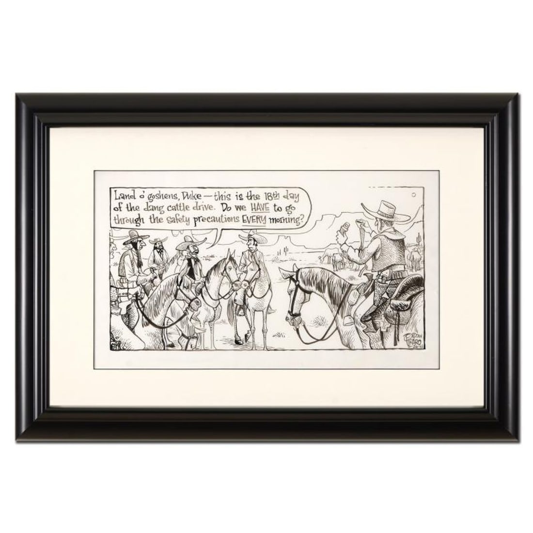 Bizarro, "Safety in the Old West" is a Framed Original Pen & Ink Drawing by Dan Piraro, Hand Signed: Enter a surreal and satirical world of twisted imagination and award winning creativity. "Safety in the Old West" is an original pen & ink drawing on paper by Dan Piraro, creator of the critically acc