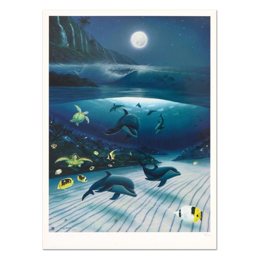 Wyland, "Mystical Waters" Limited Edition Lithograph, Numbered and Hand Signed with Certificate of: Mystical Waters is a limited edition lithograph on paper by Wyland, numbered and hand signed by the artist. Includes Certificate of Authenticity. Measures approx. 19.5" x 26.5" (border), 17.5" x 24" (