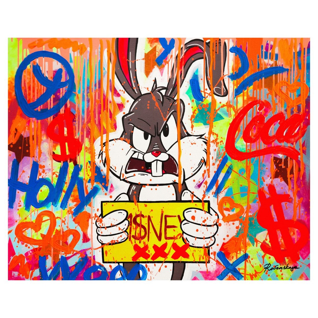 Nastya Rovenskaya- Mixed Media on Canvas "Angry Rabbit": Artist: Nastya Rovenskaya. Medium: Mixed Media on Canvas. Title: Angry Rabbit. Size: 24" x 30". Signature: Hand signed. Certificate of Authenticity: Is included. Reference#: 58900.