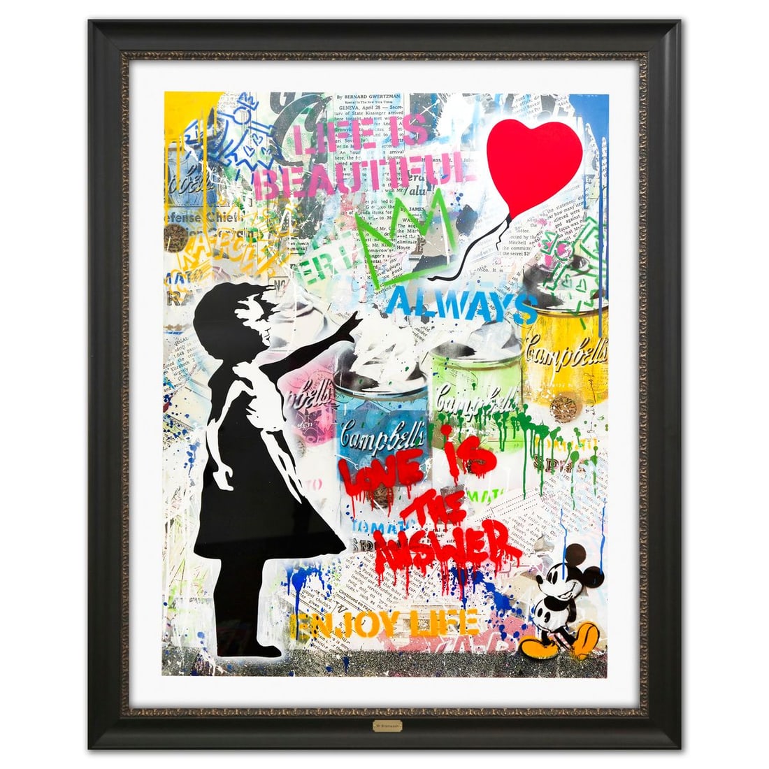 Mr. Brainwash- Original Mixed Media on Deckle Edge Paper "Balloon Girl": Artist: Mr. Brainwash. Medium: Original Mixed Media on Deckle Edge Paper. Title: Balloon Girl. Size: 50" x 38". Measures approx. 63" x 50" (framed). Signature: Hand Signed. Certificate of Authenticity