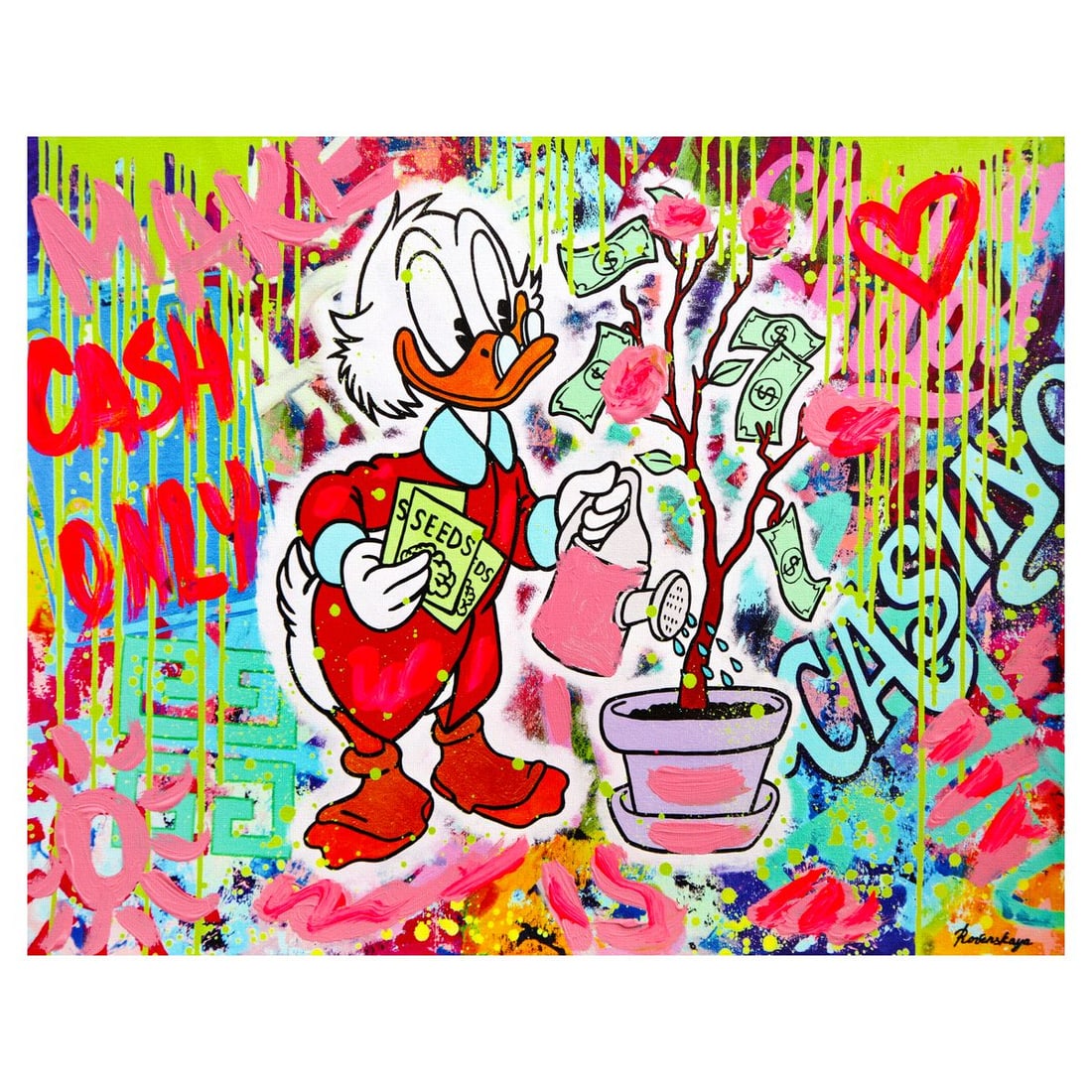 Nastya Rovenskaya- Mixed Media on Canvas "Duck Tales of Love & Loo": Artist: Nastya Rovenskaya. Medium: Mixed Media on Canvas. Title: Duck Tales of Love & Loo. Size: 16" x 20". Signature: Hand signed. Certificate of Authenticity: Is included. Reference#: 49414.
