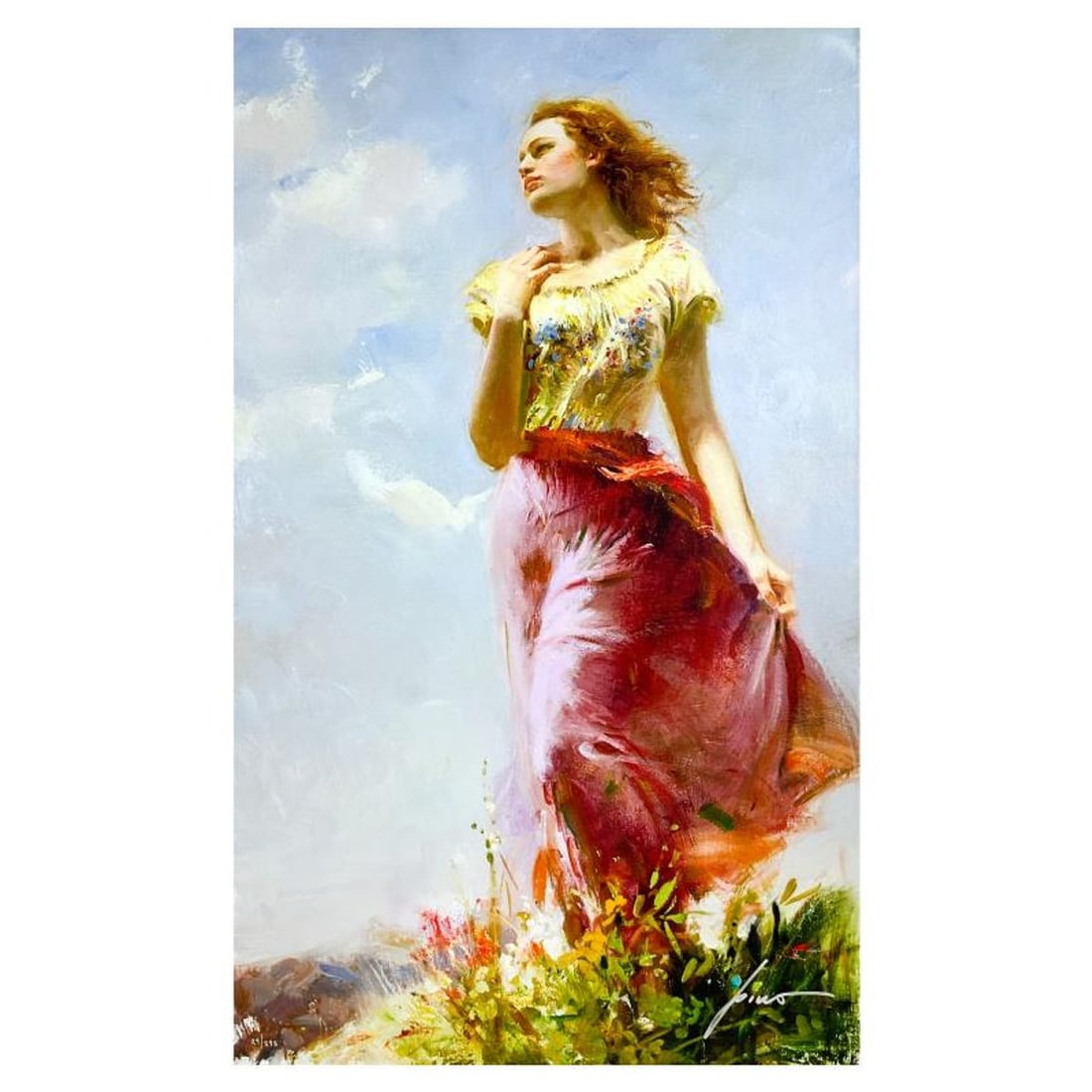 Pino (1939-2010), "Wind Swept" Limited Edition on Canvas, Numbered 29/295 and Hand Signed with: Wind Swept is a limited edition giclee on canvas by Pino (1939-2010), numbered 29/295 and hand signed by the artist. Includes Certificate of Authenticity. Measures approx. 39" x 24" (image).