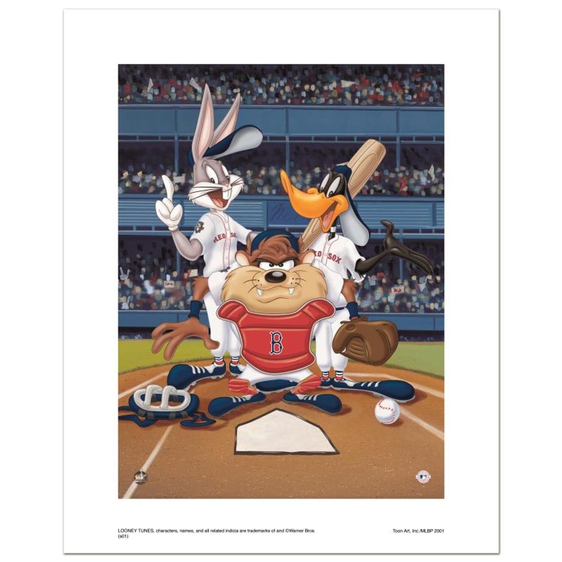 At the Plate (Red Sox) Numbered Limited Edition Giclee from Warner Bros. with Certificate of: At the Plate (Red Sox) is a limited edition giclee on paper from Warner Bros. featuring iconic Looney Tunes characters in Boston Red Sox MLB uniforms. It comes numbered, with hologram seal, and a Cert