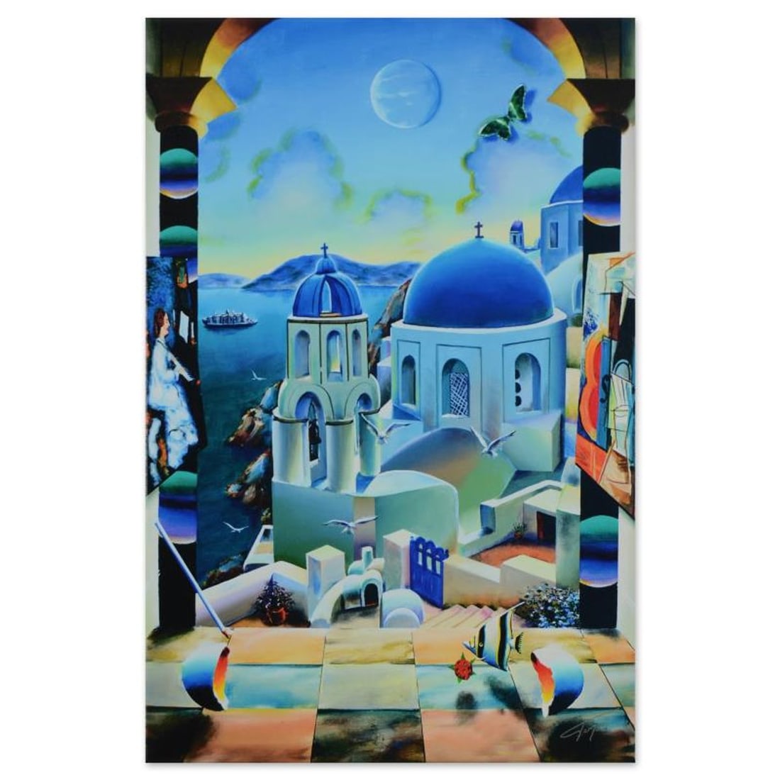 Ferjo, "Cruising to Santorini" Limited Edition on Gallery Wrapped Canvas, Numbered and Signed with: Cruising to Santorini is a limited edition giclee on canvas, bearing Ferjo's authorized signature. This piece comes gallery wrapped. Includes Letter of Authenticity. Measures approx. 16" x 24"