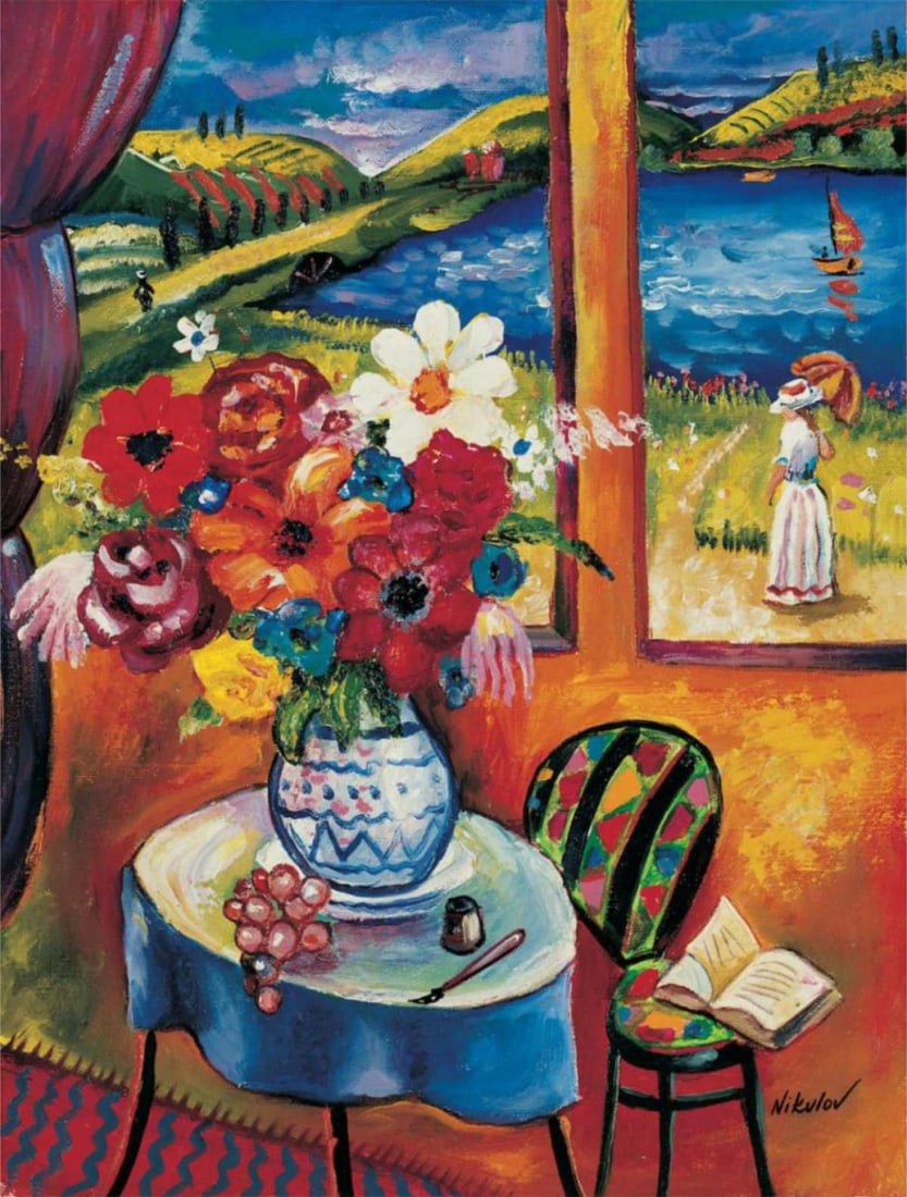 Oleg Nikulov- Original Giclee on Canvas "Flower Vase with Countryside View": Artist: Oleg Nikulov. Medium: Original Giclee on Canvas. Title: Flower Vase with Countryside View. Size: 16" x 12". Signature: Hand Signed by the Artist. Certificate of Authenticity: From the publishe