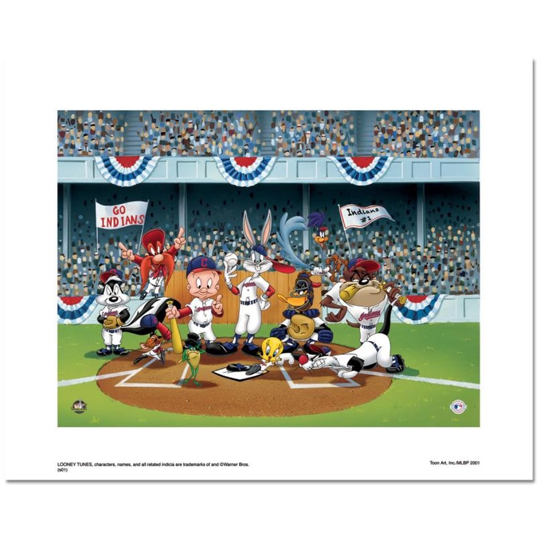 Line Up At The Plate (Indians) is a Limited Edition Giclee from Warner Brothers with Hologram Seal: Line Up at the Plate (Indians) is a limited edition giclee on paper from Warner Brothers featuring iconic Looney Tunes characters in Los Angeles Dodgers MLB uniforms. It comes numbered, with hologram 