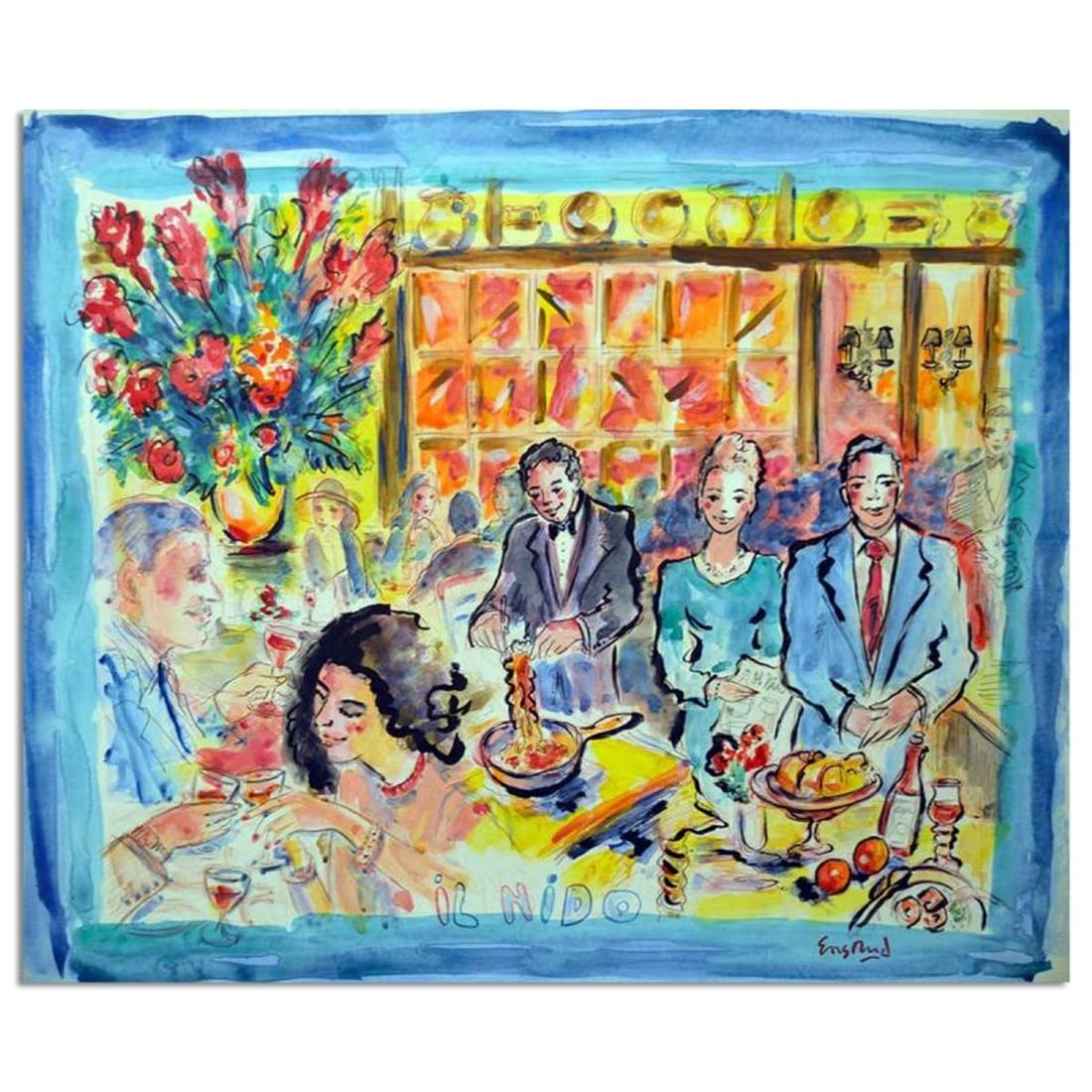 Wayne Ensrud, "Il Nido Restaurant In New York City" Mixed Media Original Artwork with COA.: Il Nido Restaurant In New York City is an original Mixed Media on Board by Wayne Ensrud. The piece is hand signed by the artist and comes with a Certificate of Authenticity. Measures approximately 20"