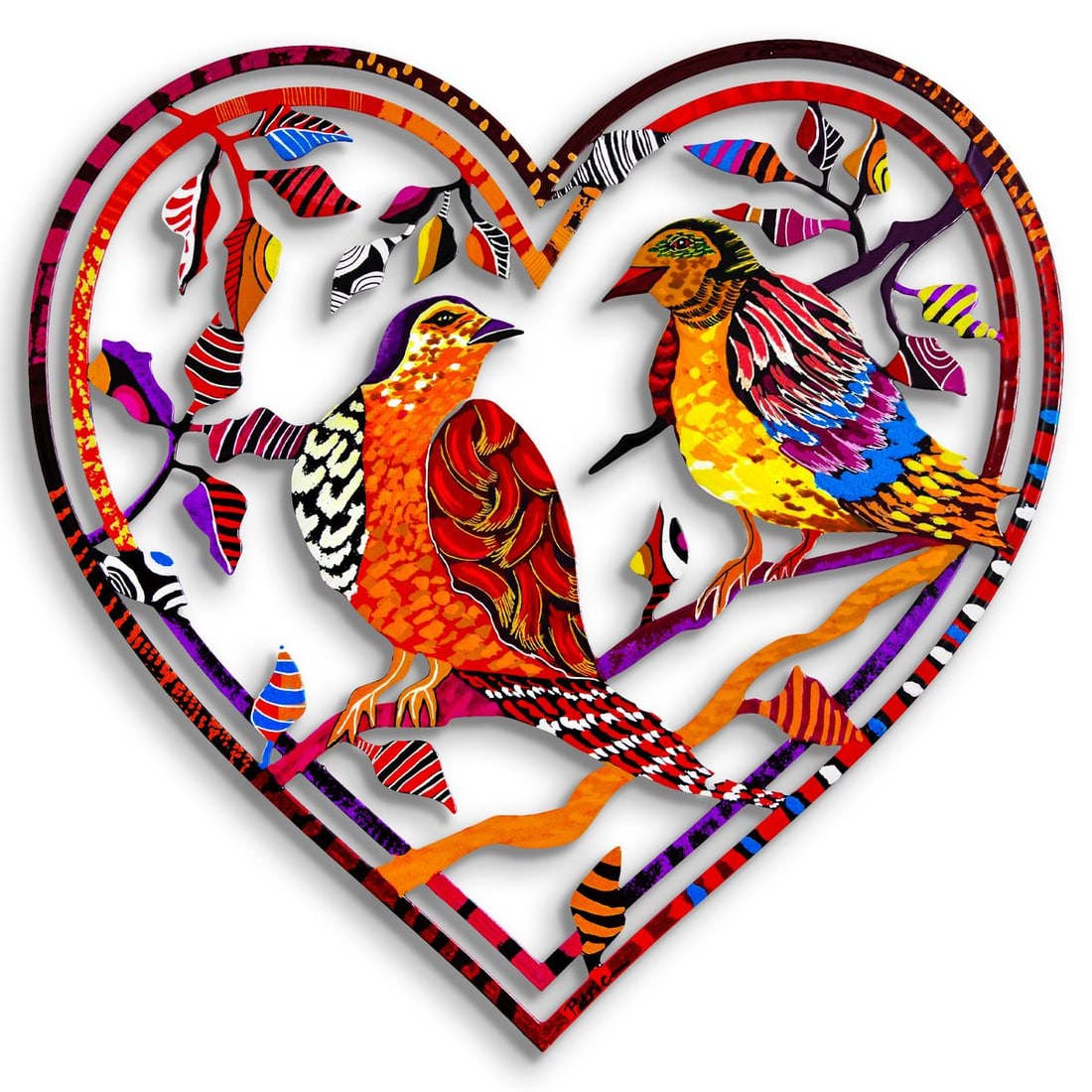 Patricia Govezensky- Original Painting on Laser Cut Steel "Love Birds": Artist: Patricia Govezensky. Medium: Original Painting on Laser Cut Steel. Title: Love Birds. Size: 16" x 16". Signature: Hand Signed by the artist. Certificate of Authenticity: Is included. Reference