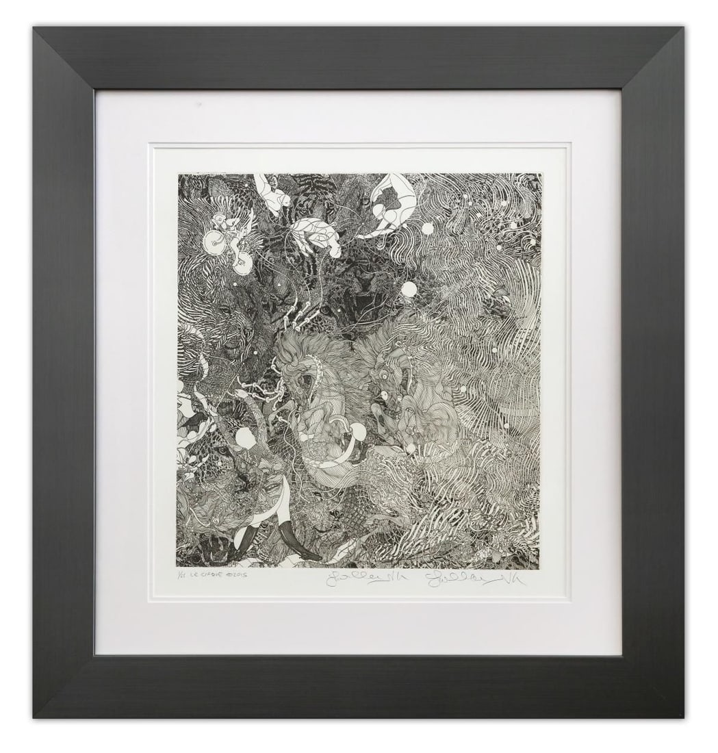 Guillaume Azoulay- Original Etching "Le Cirque": Artist: Guillaume Azoulay. Medium: Original Etching. Title: Le Cirque. Size: 22" x 20". Measures approx. 33" x 32" (framed). Signature: Hand Signed by the artist. Certificate of Authenticity: is inclu