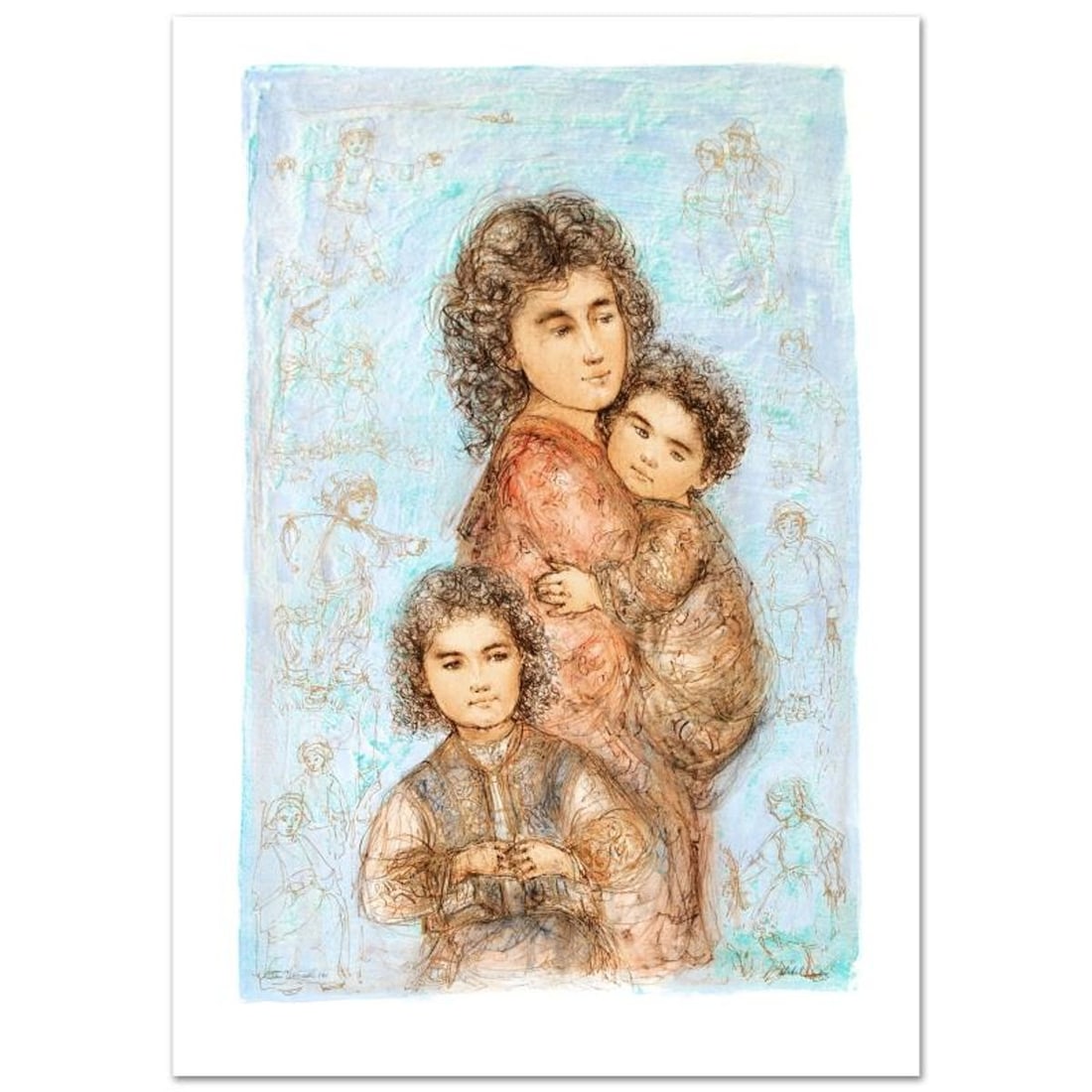 Catherine and Children Limited Edition Lithograph by Edna Hibel (1917-2014), Numbered and Hand: Catherine and Children is a limited edition lithograph on paper, numbered and hand signed by Edna Hibel (1917-2014). Includes Certificate of Authenticity! Measures approx. 25" x 35.5" (with border), 2