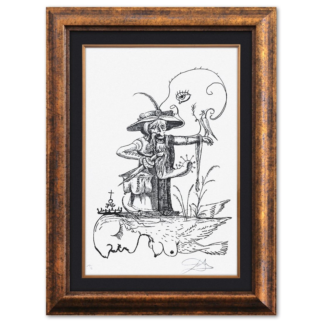 Salvador Dali- Original Lithograph from Gouache and Collage "Les Songes Drolatiques de Pantagruel": Artist: Salvador Dali. Medium: Original Lithograph from Gouache and Collage. Title: Les Songes Drolatiques de Pantagruel. Size: 29" x 19". Measures approx. 41" x 31" (framed). Signature: Hand signed a