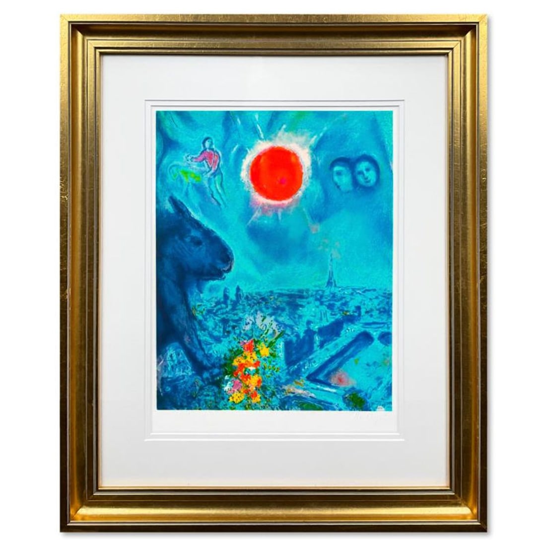 Marc Chagall (1887-1985), "The Sun Over Paris" Framed Limited Edition Lithograph with Letter of: The Sun Over Paris is a framed limited edition lithograph on paper by Marc Chagall (1887-1985). Printed by Atelier Mourlot in Paris and authorized by the Chagall Estate and ADAGP Paris , the piece is 