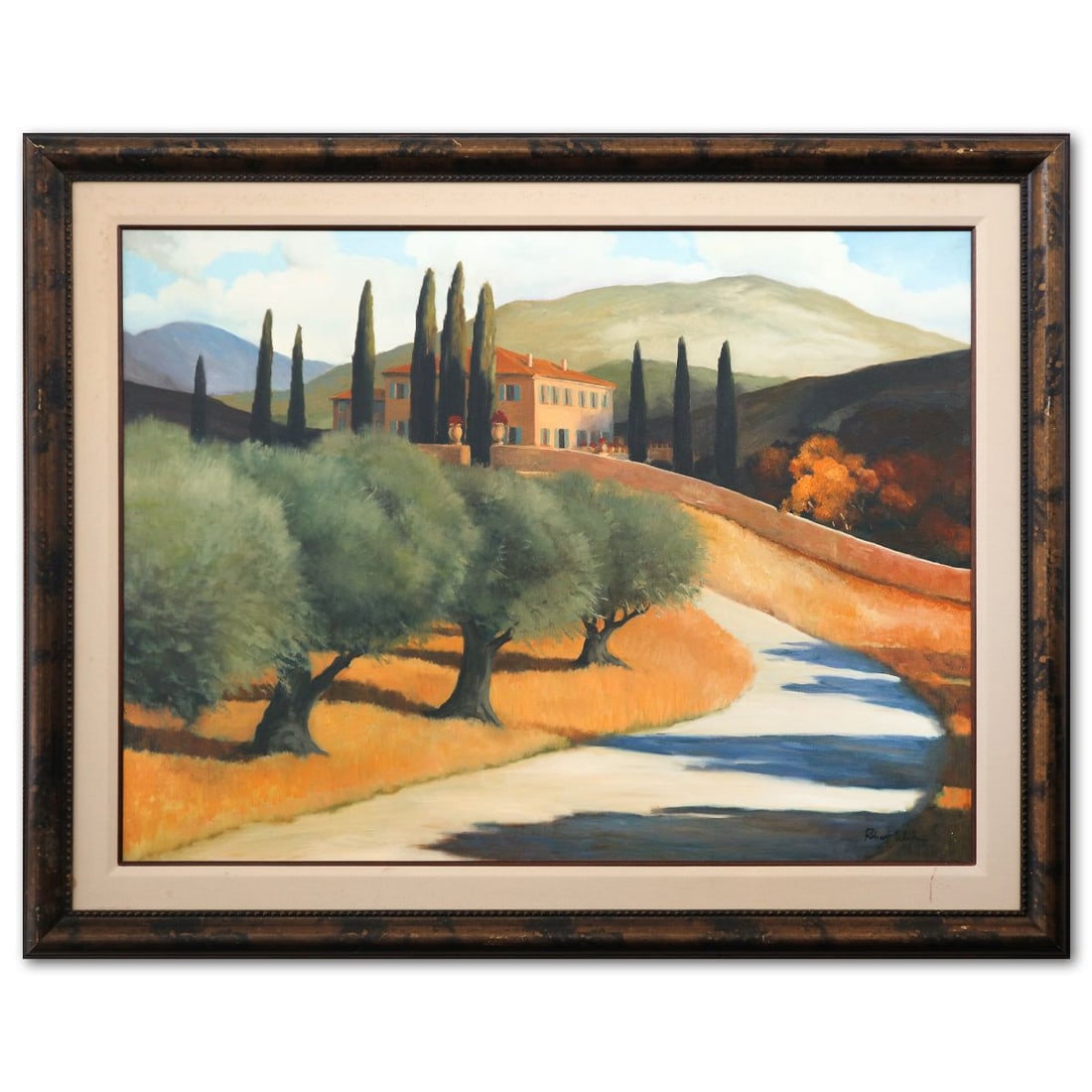 Robert White- "Olive Lined Drive": Artist: Robert White. Title: Olive Lined Drive. Size: 48" x 36". Measures approx. 46" x 57" (framed). Signature: Hand Signed. Additional: Visible mark on the canvas and minor wear near the signature..