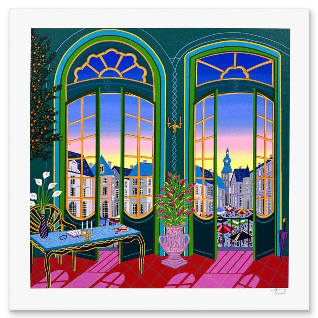 Fanch Ledan, "Village vu de Chateau" Limited Edition Serigraph, Numbered and Hand Signed with Letter: Village vu de Chateau is a limited edition serigraph on paper by Fanch Ledan, numbered and hand signed by the artist. Includes Letter of Authenticity. Measures approx. 16" x 16" (border), 13.5" x