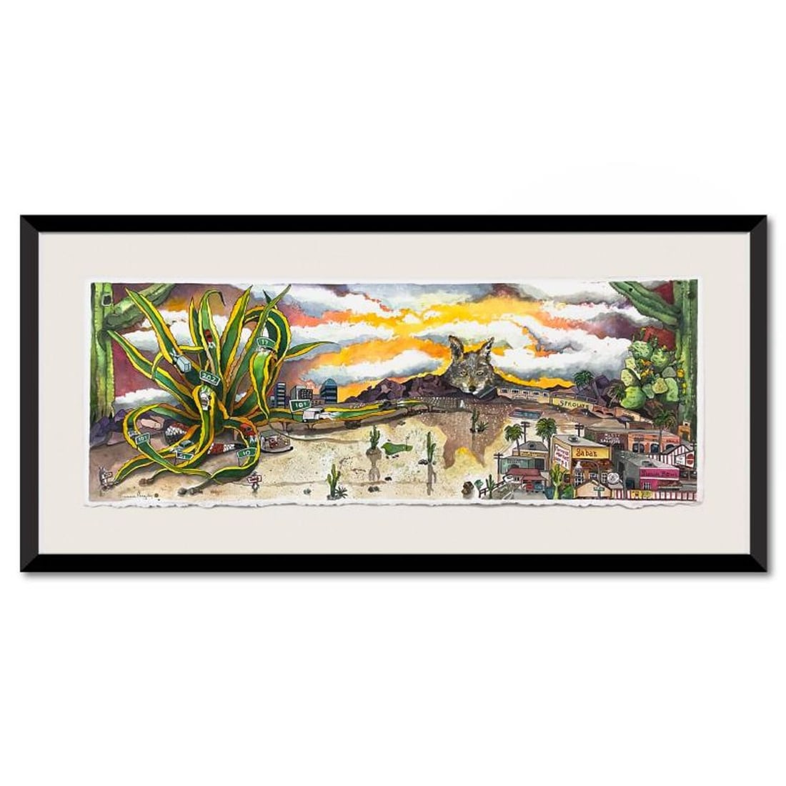 Linnea Pergola, "110 degrees in Arizona" Framed Original Watercolor Painting, Hand Signed with: 110 degrees in Arizona is an original watercolor painting on paper by Linnea Pergola, hand signed by the artist. This piece comes framed. Includes Letter of Authenticity. Measures approx. 17.5" x 36" 