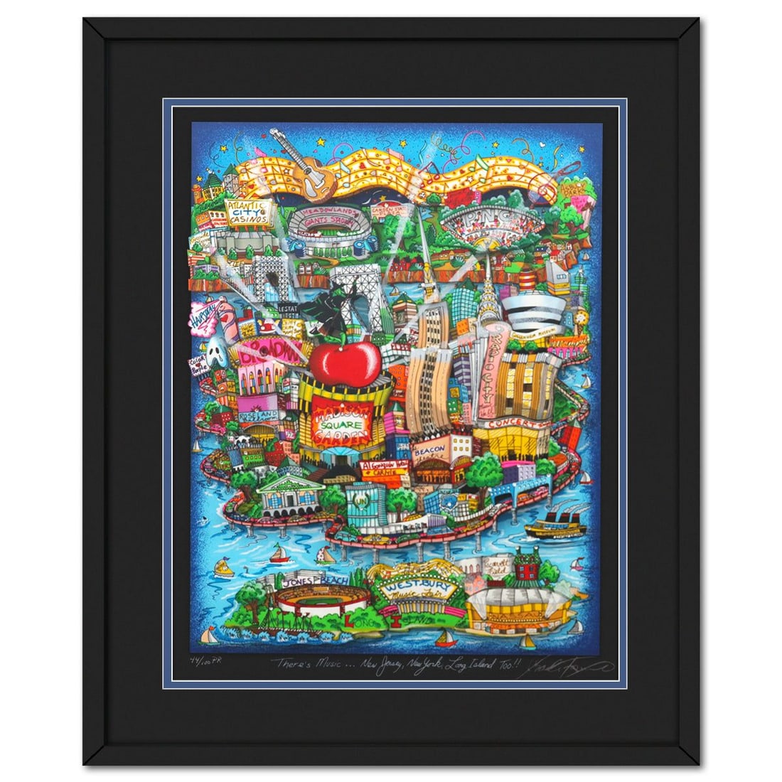 Charles Fazzino- 3D Construction Silkscreen Serigraph "There's Music: New Jersey, New York, Long: Artist: Charles Fazzino. Medium: 3D Construction Silkscreen Serigraph. Title: There's Music: New Jersey, New York, Long Island Too!!. Size: 21" x 16". Measures approx. 27" x 22" (framed). Signature: H