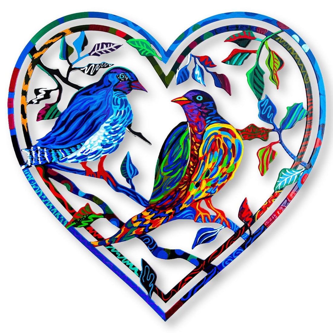 Patricia Govezensky- Original Painting on Laser Cut Steel "Love Birds": Artist: Patricia Govezensky. Medium: Original Painting on Laser Cut Steel. Title: Love Birds. Size: 16" x 16". Signature: Hand Signed by the artist. Certificate of Authenticity: From the publisher.