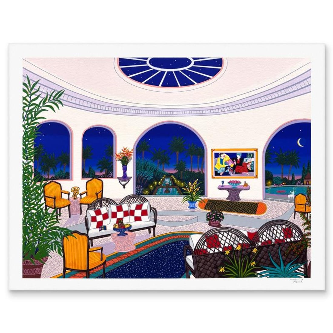 Fanch Ledan, "Tropical Nights" Limited Edition Serigraph, Numbered and Hand Signed with Letter of: Tropical Nights is a limited edition serigraph on paper by Fanch Ledan, numbered and hand signed by the artist. Includes Letter of Authenticity. Measures approx. 20" x 25.5" (border), 17.5" x 23" (ima