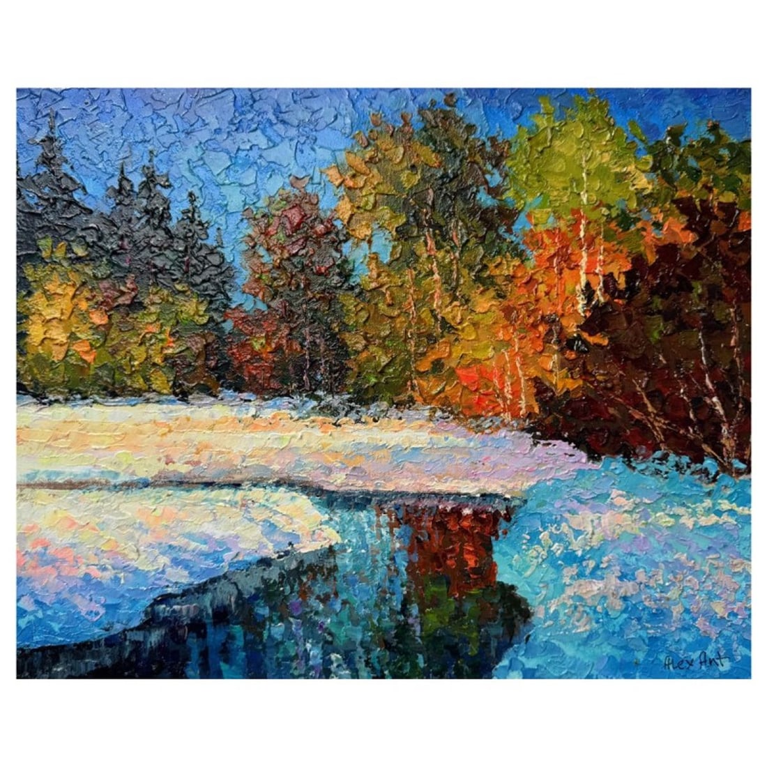 Alexander Antanenka, "Winter Creek" Hand Signed Original Painting on Canvas with Letter of: Winter Creek is an original oil painting on stretched canvas by Alexander Antanenka. Hand signed by the artist, the piece comes with a letter of authenticity. Measures approximately 16" x 20" (image).