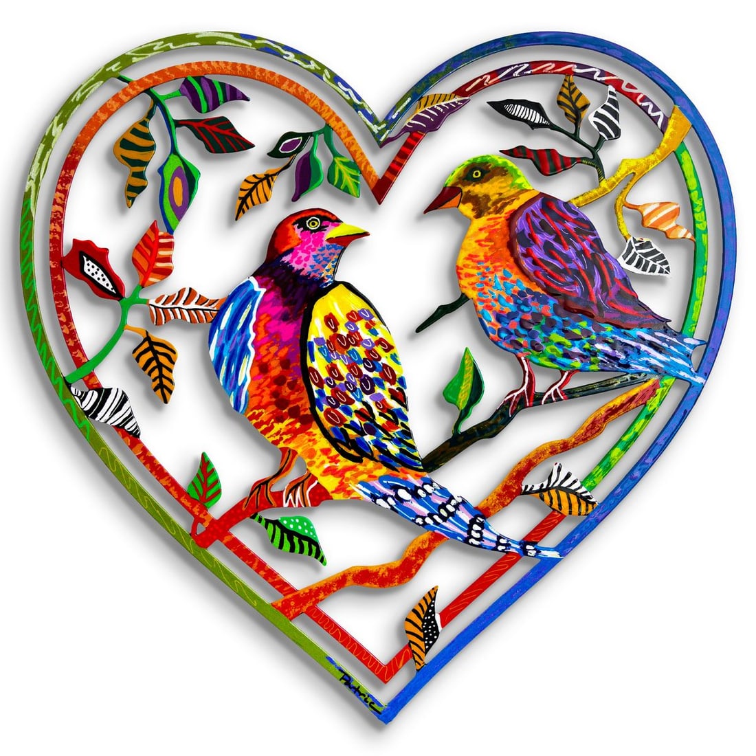Patricia Govezensky- Original Painting on Laser Cut Steel "Love Birds": Artist: Patricia Govezensky. Medium: Original Painting on Laser Cut Steel. Title: Love Birds. Size: 16" x 16". Signature: Hand Signed by the artist. Certificate of Authenticity: Is included. Reference