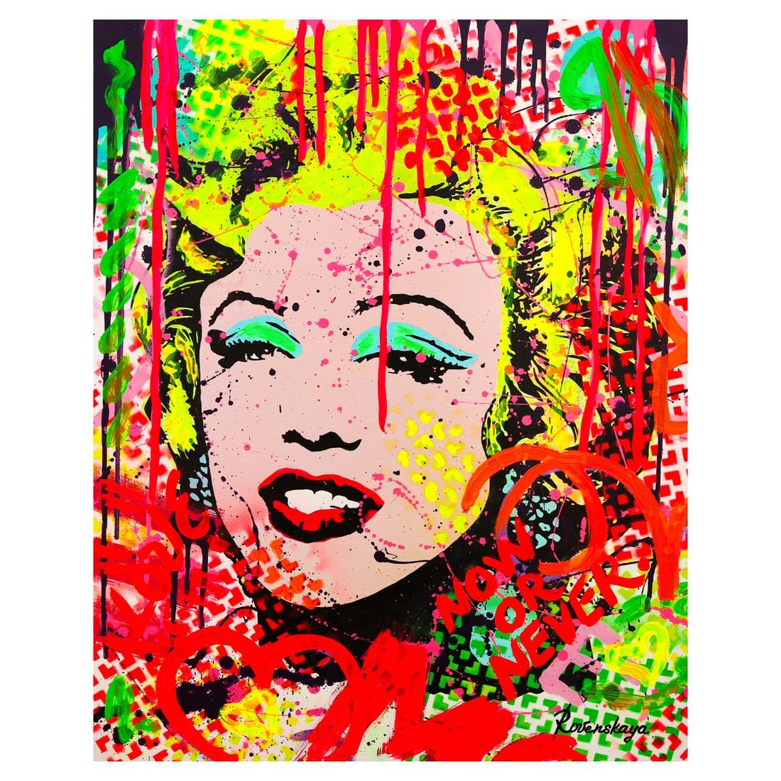 Nastya Rovenskaya- Mixed Media on Canvas "Happiness by Monroe": Artist: Nastya Rovenskaya. Medium: Mixed Media on Canvas. Title: Happiness by Monroe. Size: 30" x 24". Signature: Hand Signed. Certificate of Authenticity: Is included. Reference#: 26407.