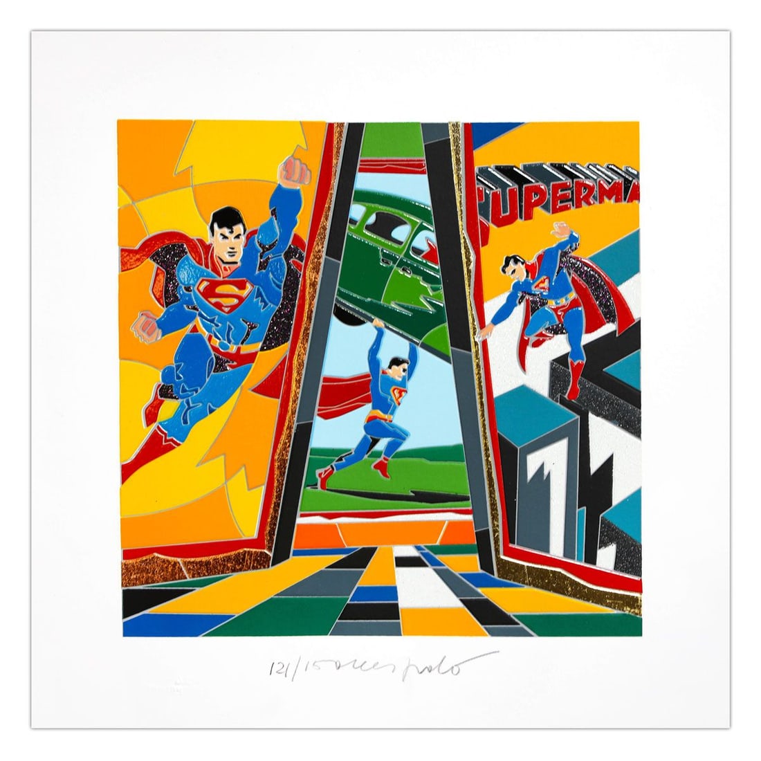 Ugo Nespolo- SIlkscreen on Paper "Ubermensch": Artist: Ugo Nespolo. Medium: SIlkscreen on Paper. Title: Ubermensch. Size: 10" x 10". Signature: Hand Signed and numbered. Certificate of Authenticity: Is included. Additional: Edition number might va