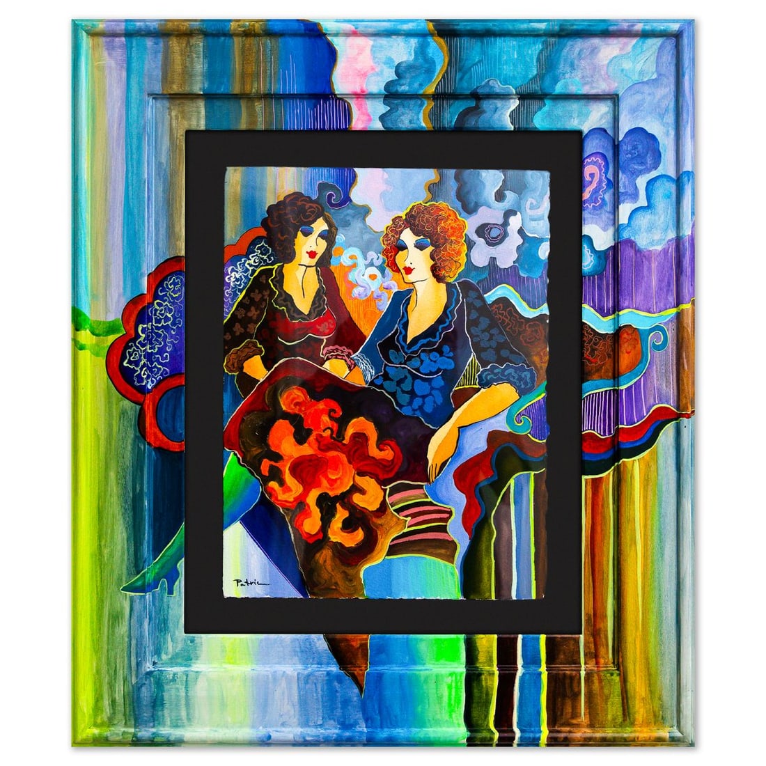 Patricia Govezensky- Original Watercolor with Hand Painted Frame "Parisian Encounters": Artist: Patricia Govezensky. Medium: Original Watercolor with Hand Painted Frame. Title: Parisian Encounters. Size: 15" x 11". Measures approx. 26" x 22" (framed). Signature: Hand Signed by the