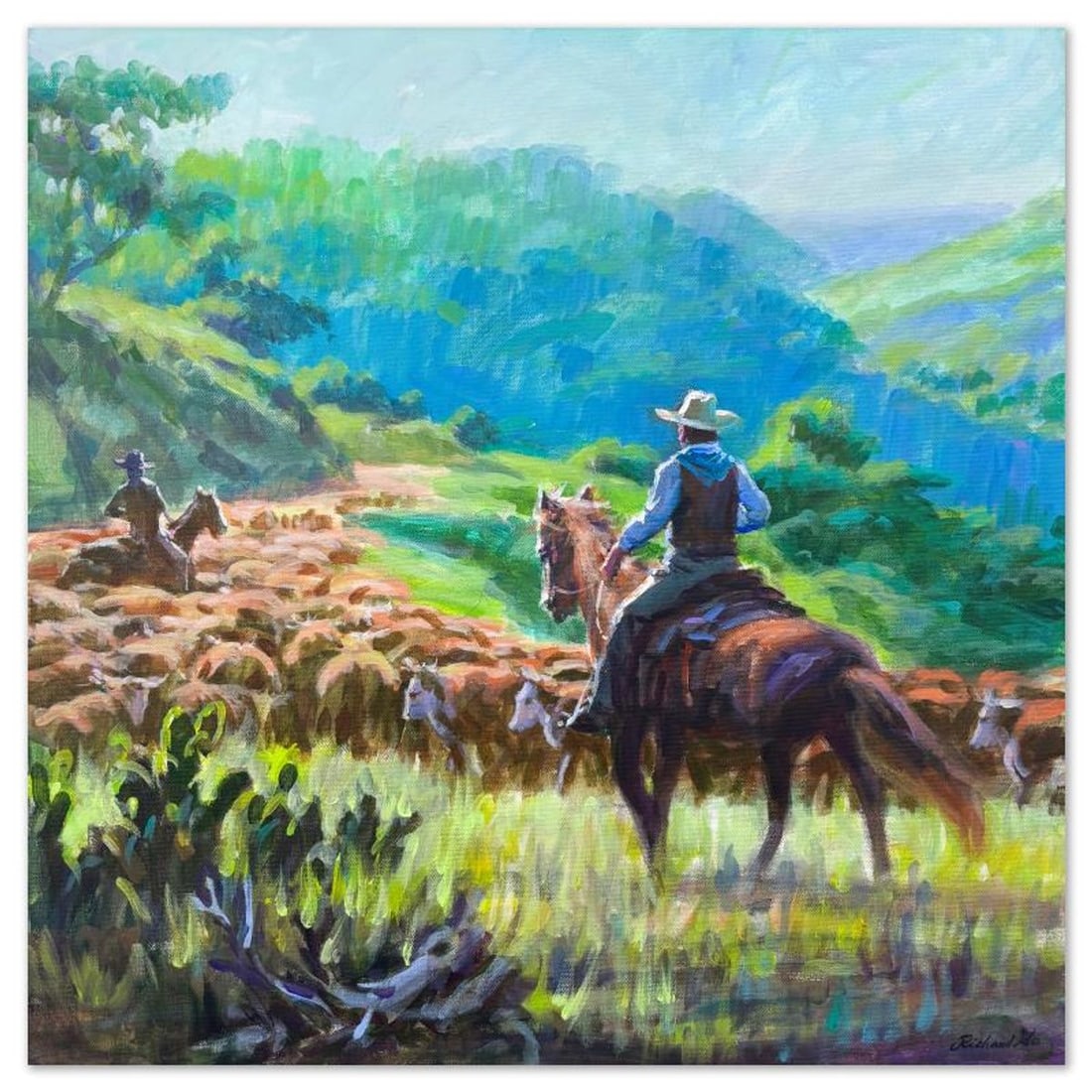 Richard Ho, "Head 'em Up" Original Acrylic Painting on Canvas, Hand Signed with Letter of: Head 'em Up is an original acrylic painting on stretched canvas by Richard Ho, hand signed by the artist. Includes Letter of Authenticity. Measures approx. 24" x 24" (image).