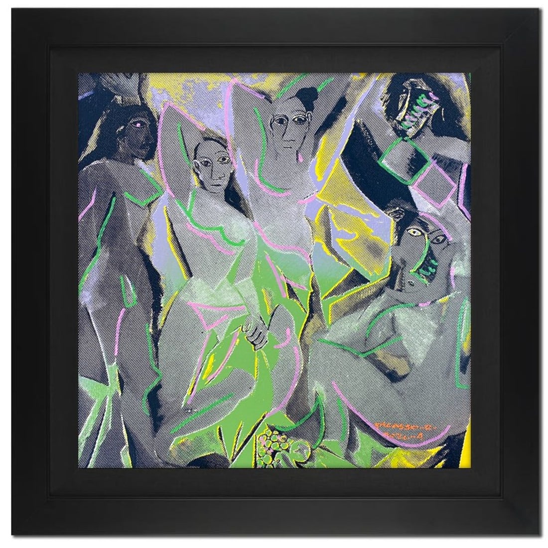Ringo Daniel Funes, "Picasso Dancers" Framed One-of-a-Kind Mixed Media on Canvas, Hand Signed by the: Picasso Dancers is a one-of-a-kind hand-pulled mixed media silkscreen on canvas by Ringo (Daniel Funes) - protege of Andy Warhol's apprentice, Steve Kaufman.This piece is hand signed by the artist and