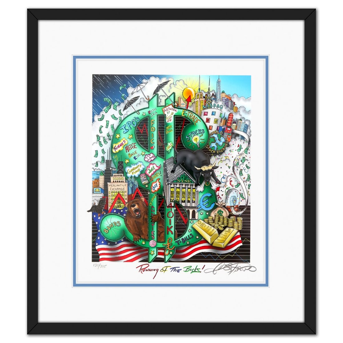 Charles Fazzino- 3D Construction Silkscreen Serigraph "Running of the Bucks": Artist: Charles Fazzino. Medium: 3D Construction Silkscreen Serigraph. Title: Running of the Bucks. Size: 14" x 12". Measures approx. 21" x 18" (framed). Signature: Hand Signed and numbered.