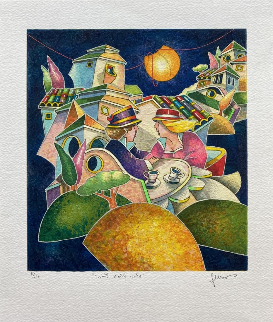 Francesco Nesi- Original Serigraph on Paper "AVVOLTI DALLA NOTTE": Artist: Francesco Nesi. Medium: Original Serigraph on Paper. Title: AVVOLTI DALLA NOTTE. Size: 14" x 12". Signature: Hand Signed and Numbered by the Artist. Certificate of Authenticity: Is Included. R