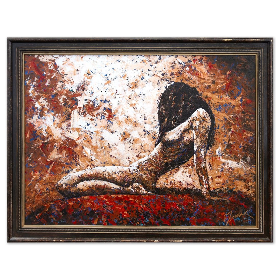 Trevor Mezak- Acrylic on Canvas "Reclining, Kneeling Woman": Artist: Trevor Mezak. Medium: Acrylic on Canvas. Title: Reclining, Kneeling Woman. Size: 30" x 40". Measures approx. 36" x 46" (framed). Signature: Hand Signed. Certificate of Authenticity: Is include