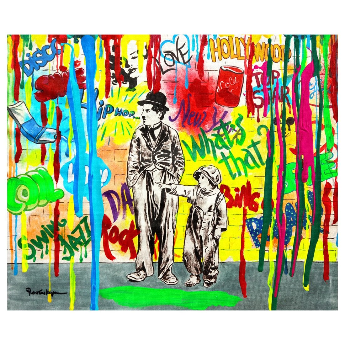 Nastya Rovenskaya- Mixed Media on Canvas "Wanna be like Chaplin": Artist: Nastya Rovenskaya. Medium: Mixed Media on Canvas. Title: Wanna be like Chaplin. Size: 16" x 20". Signature: Hand signed. Certificate of Authenticity: Is included. Reference#: 26304.