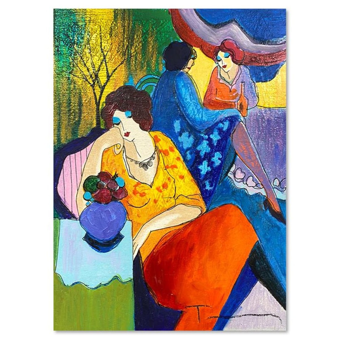 Itzchak Tarkay (1935-2012), "Quiet Afternoon" One-of-a-Kind Mixed Media Over Paint on Wood, Hand (1 of 2)