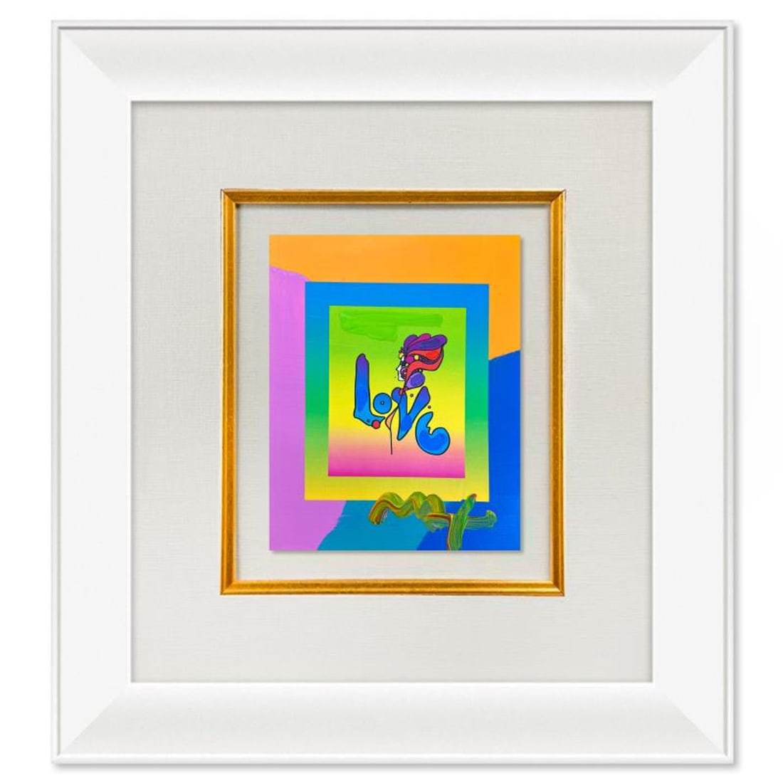 Peter Max, "Love" Framed One-of-a-Kind Acrylic Mixed Media, Hand Signed with Registration Number: Love is a one-of-a-kind acrylic mixed media on paper, hand signed by Peter Max. The piece comes custom framed with a backside cutout to display Peter Max Studio registration number 231807 certifying a